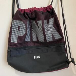 Victoria's Secret Pink MAROON Drawstring Backpack Bag Tote Duffle Gym Mesh